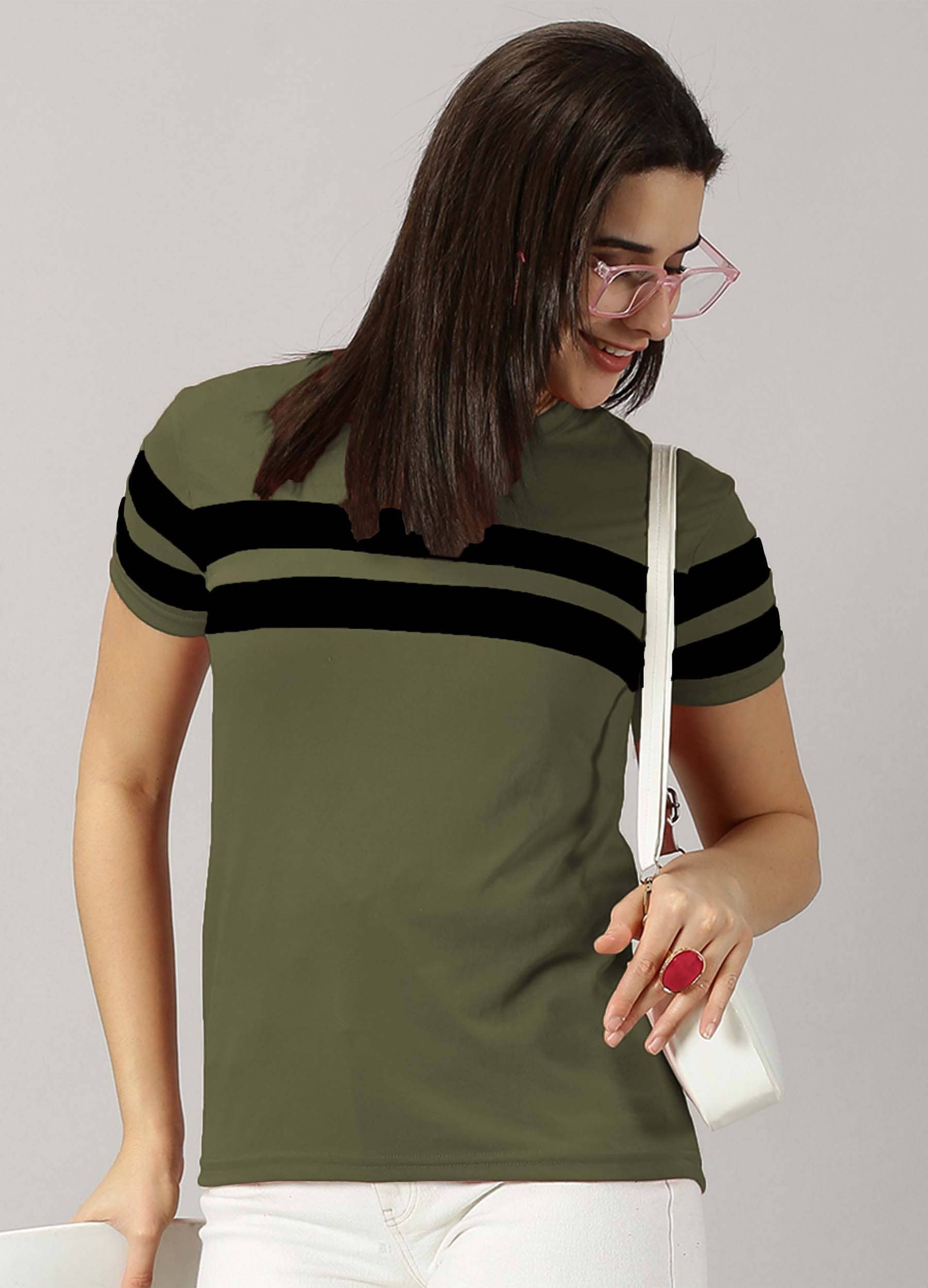 AUSK Women Cotton Blend Colorblock Regular Fit Round Neck T-Shirt ( Green )
