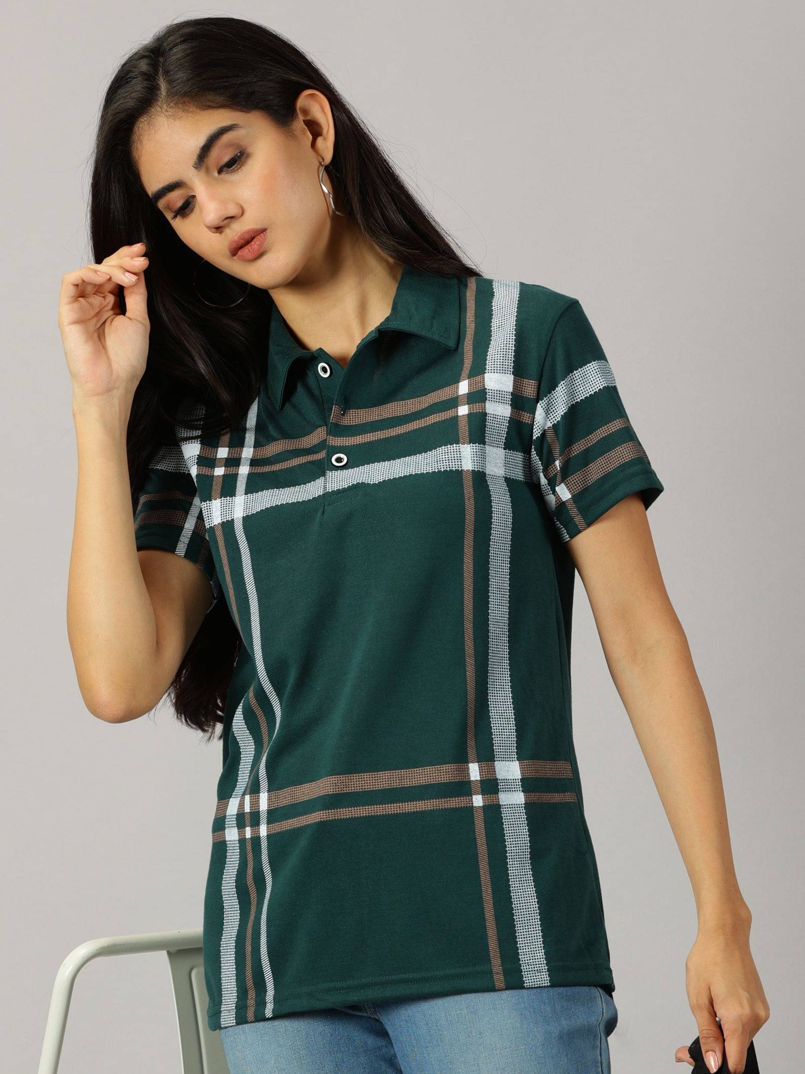 AUSK Women Cotton Blend Checks Regular Fit Polo Collar T-Shirt ( Green ) AUSK Women Cotton Blend Checks Regular Fit Polo Collar T-Shirt ( Green )