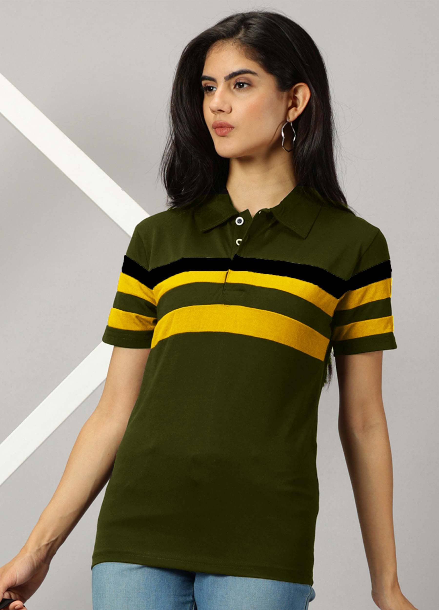 AUSK Women Cotton Blend Colorblock Regular Fit Polo Collar T-Shirt ( Green )