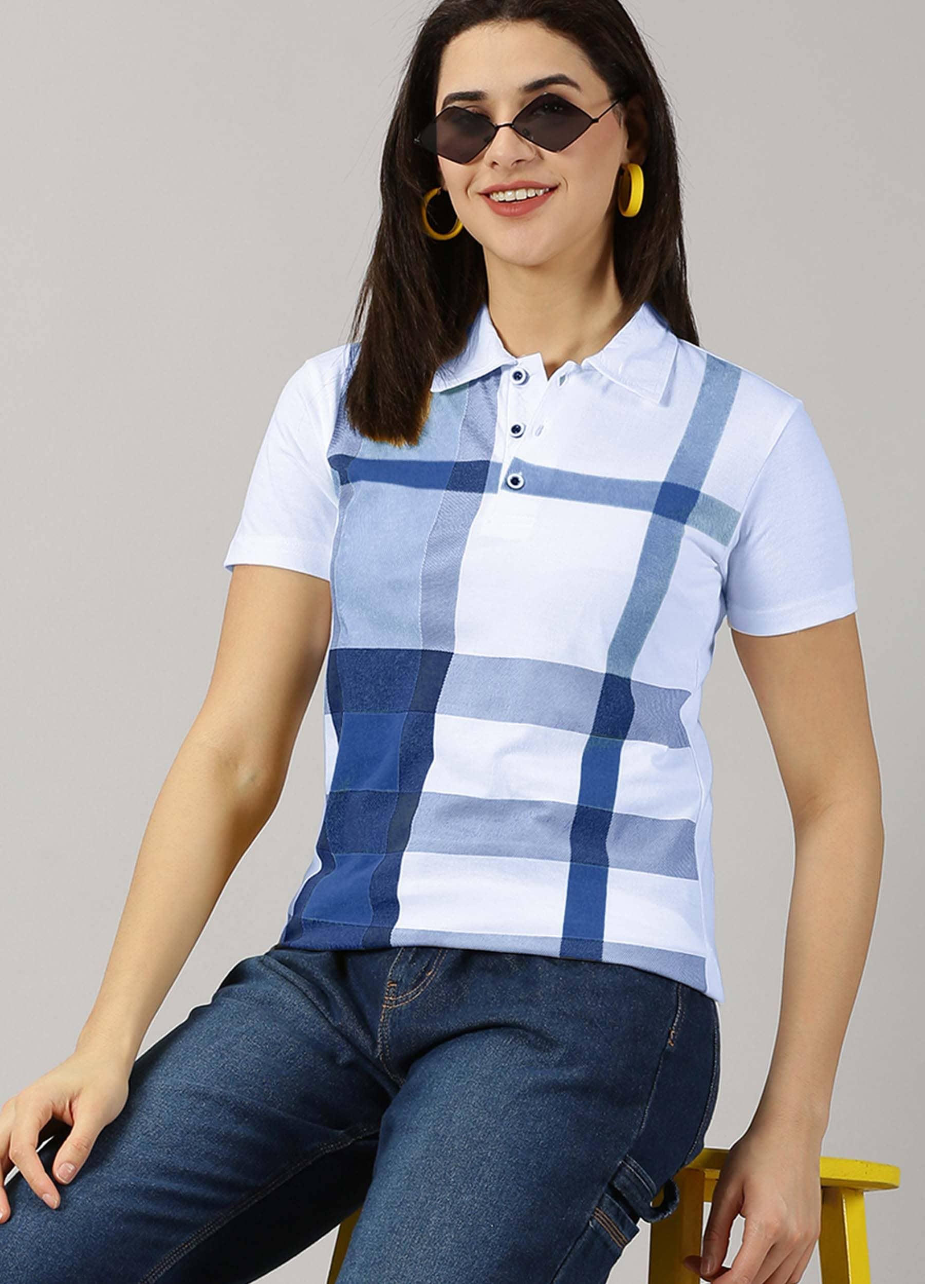 AUSK Women Cotton Blend Checks Regular Fit Polo Collar T-Shirt ( Mustard )