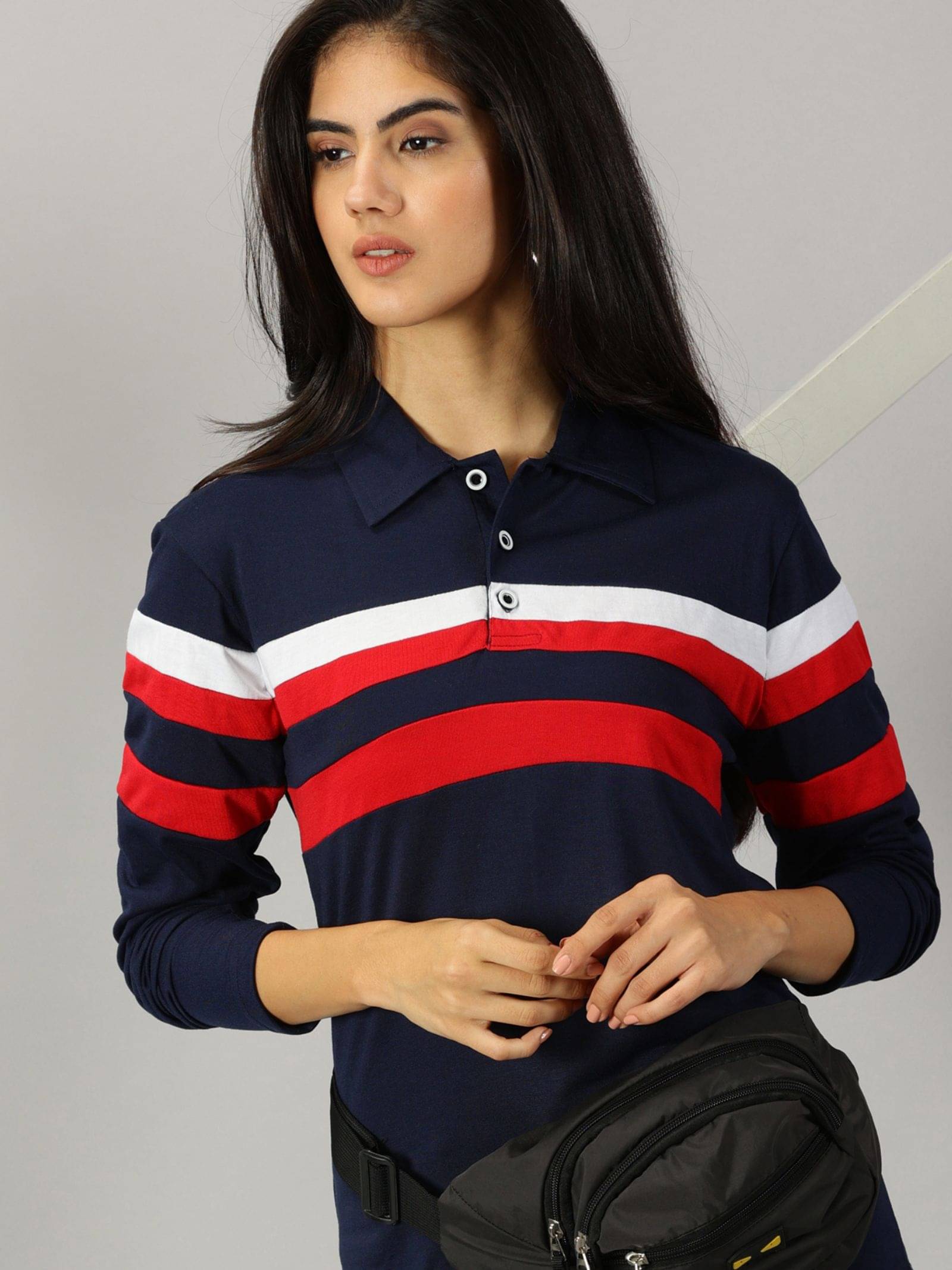 AUSK Women Cotton Blend Colorblock Regular Fit Polo Collar T-Shirt ( Navy ) AUSK Women Cotton Blend Colorblock Regular Fit Polo Collar T-Shirt ( Navy )