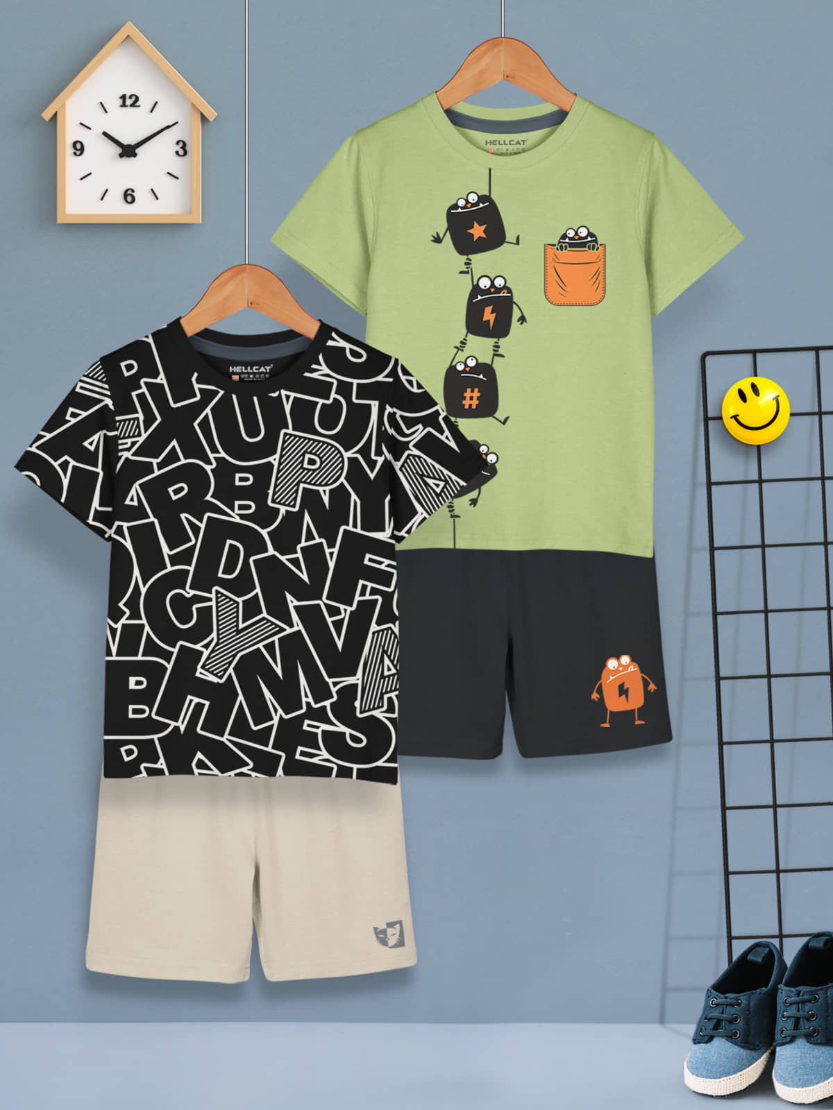 HELLCAT Boys Dress Clothing Set Combo with Tshirts & Shorts - Pack 2 Black_Green