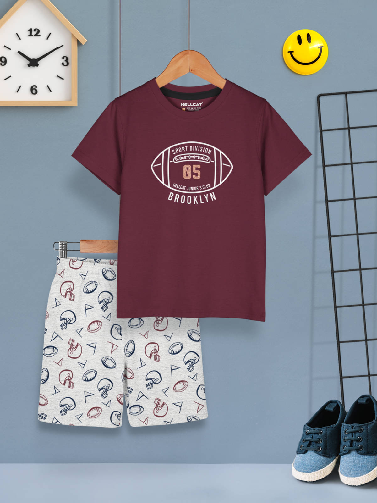     			HELLCAT Pack of 1 Boys Cotton Blend T-Shirt & Shorts Set ( Burgundy )