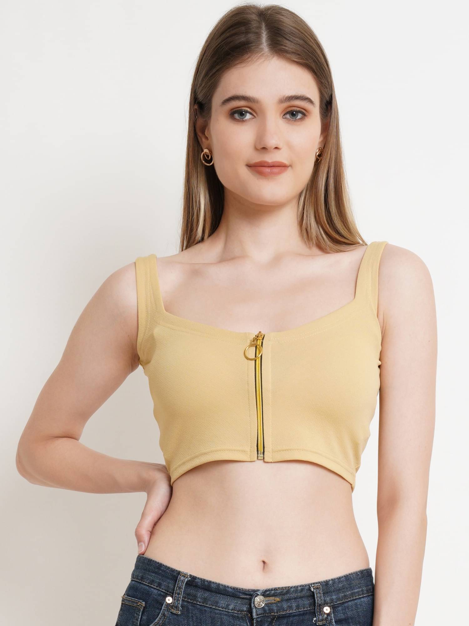 POPWINGS Women's Polyester Crop Top ( Beige ) POPWINGS Women's Polyester Crop Top ( Beige )