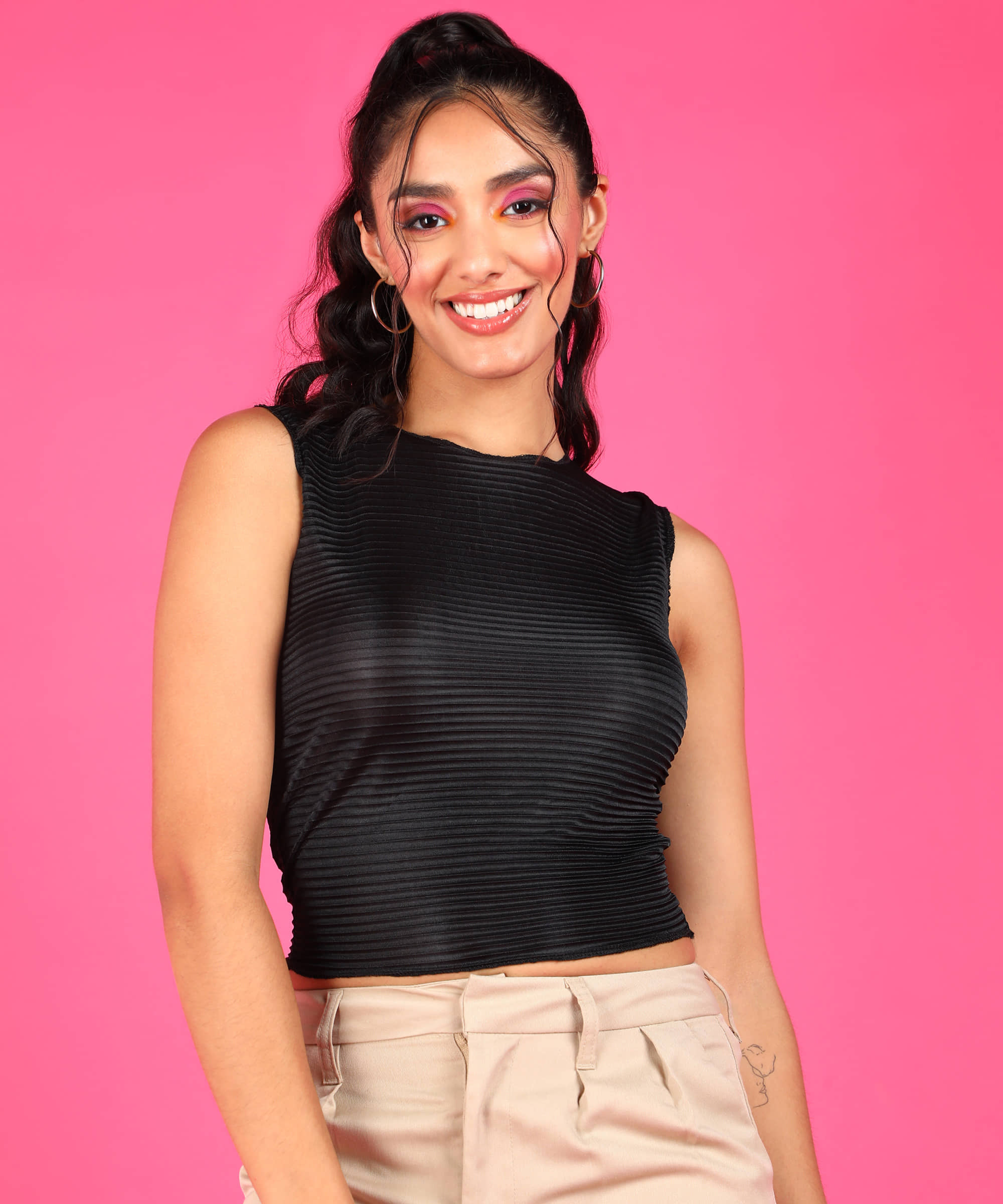 POPWINGS Women's Polyester Crop Top ( Black )