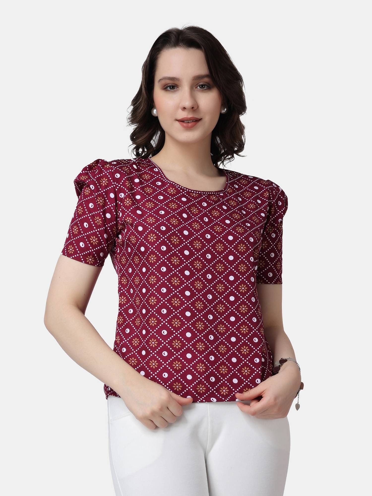 POPWINGS Maroon Polyester Women's Regular Top ( Pack of 1 )     			POPWINGS Maroon Polyester Women's Regular Top ( Pack of 1 )