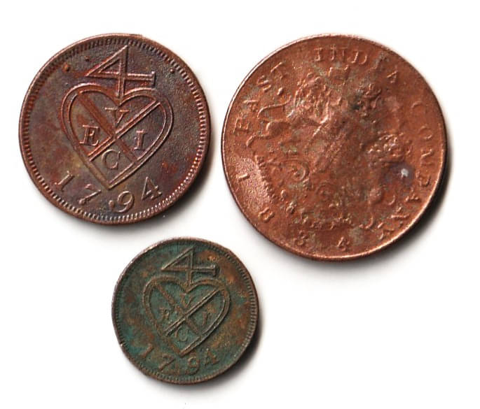     			Set of 3 Rare Half Anna 1834 , 2 Pice & Half Pice 1794 British India old Coin