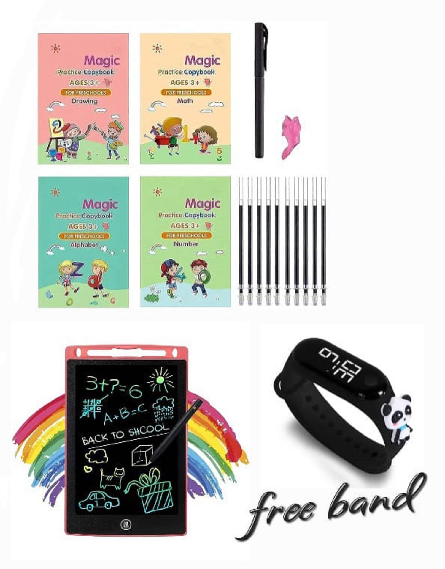 Combo Of 3 Pack - Sank Magic Practice Copy book & LCD Writing Tablet slate & Taddy Band Watch Digitel Multicolor By Vinay Book Store Combo Of 3 Pack - Sank Magic Practice Copy book & LCD Writing Tablet slate & Taddy Band Watch Digitel Multicolor By Vinay Book Store