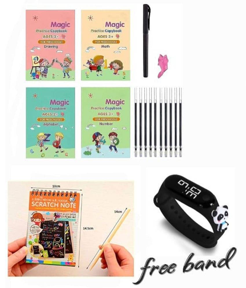 Combo Of 3 Pack - Sank Magic Practice Copy book & Scratch Book 53 Arts A6 Size Paper Sheet Art Book & LED Taddy Band Watch Digitel Multicolor By Vinay Book Store     			Combo Of 3 Pack - Sank Magic Practice Copy book & Scratch Book 53 Arts A6 Size Paper Sheet Art Book & LED Taddy Band Watch Digitel Multicolor By Vinay Book Store