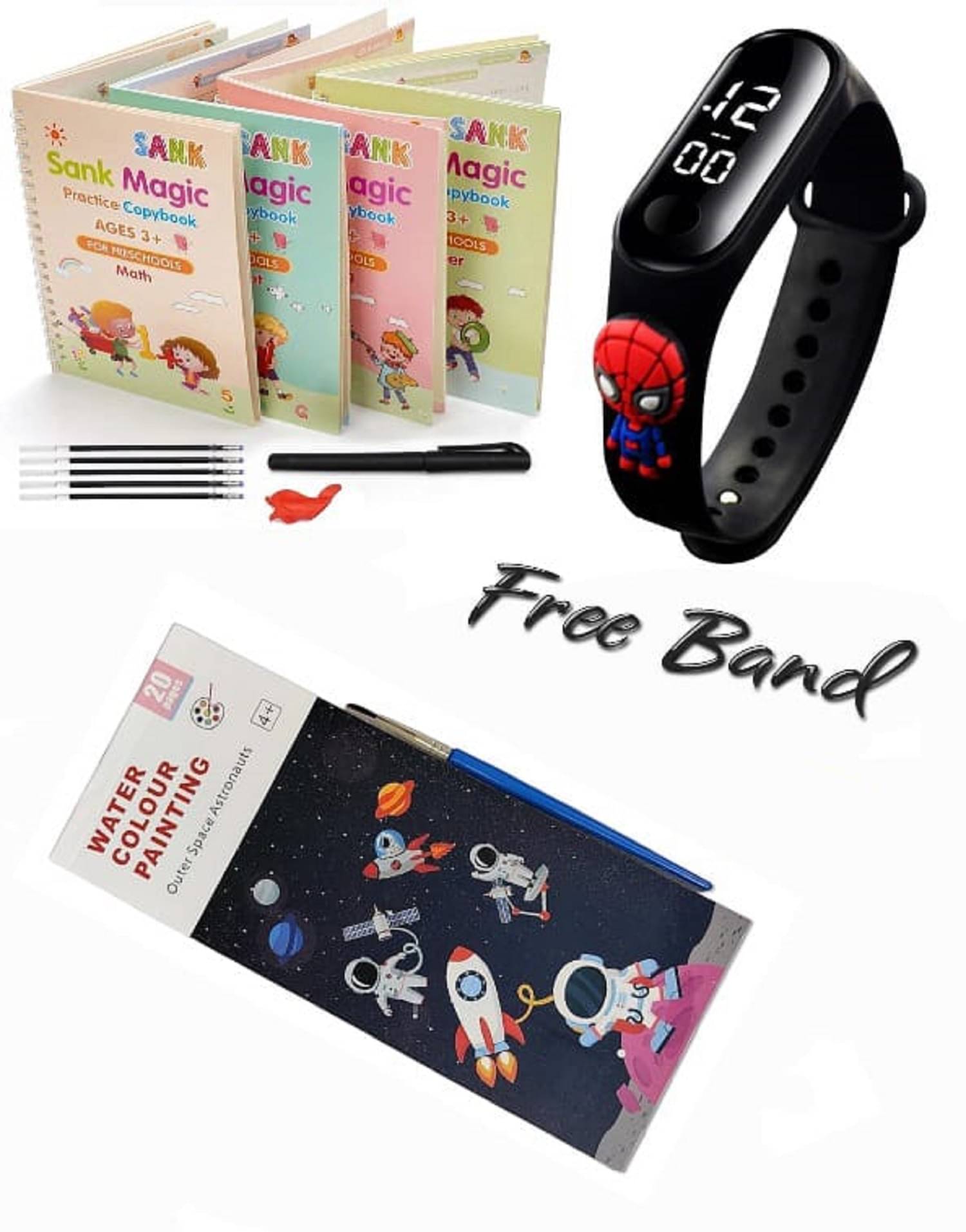 Combo Of 3 Pack - Sank Magic Practice Copy book & Watercolor Painting Books for Pocket 20 Pages & LED Taddy Band Watch Digitel Multicolor By Unico Traders     			Combo Of 3 Pack - Sank Magic Practice Copy book & Watercolor Painting Books for Pocket 20 Pages & LED Taddy Band Watch Digitel Multicolor By Unico Traders