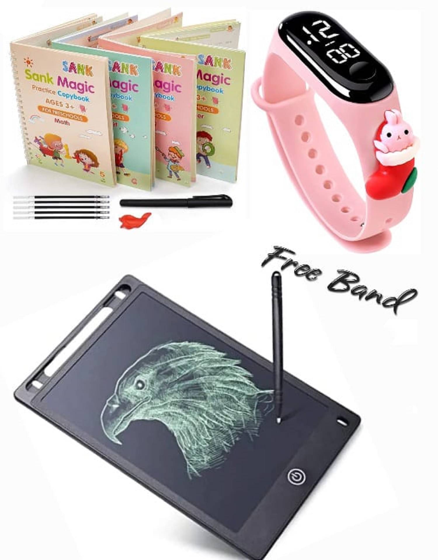     			Combo Of 3 Pack - Sank Magic Practice Copy book & LCD Writing Tablet slate & LED Taddy Band Watch Digitel Multicolor By Unico Traders