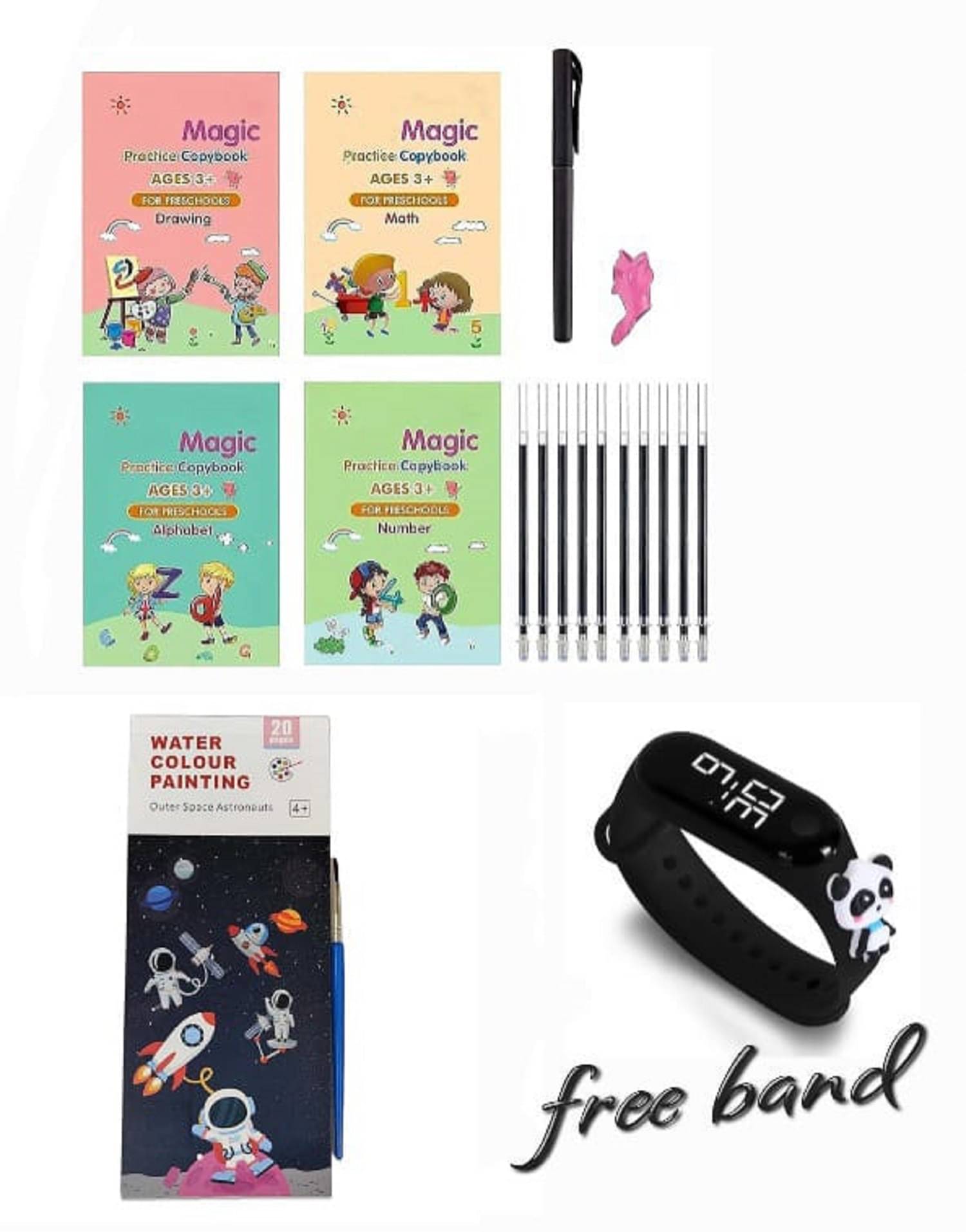 Combo Of 3 Pack - Sank Magic Practice Copy book & Watercolor Painting Books Pocket 20 Pages & LED Taddy Band Watch Digitel Multicolor By Unico Traders Combo Of 3 Pack - Sank Magic Practice Copy book & Watercolor Painting Books Pocket 20 Pages & LED Taddy Band Watch Digitel Multicolor By Unico Traders