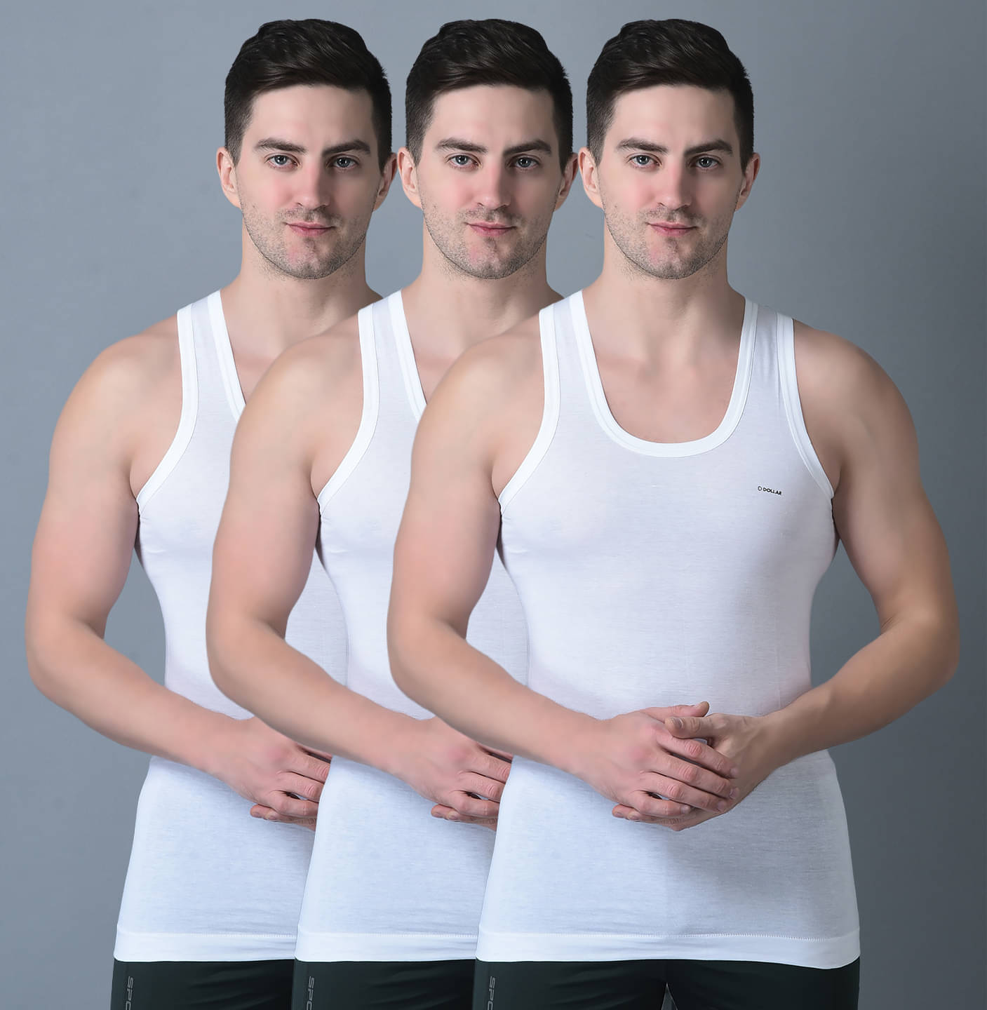 Dollar Bigboss Men's White Pack of 3 Solid Combed Cotton Shrinkless Vest Dollar Bigboss Men's White Pack of 3 Solid Combed Cotton Shrinkless Vest