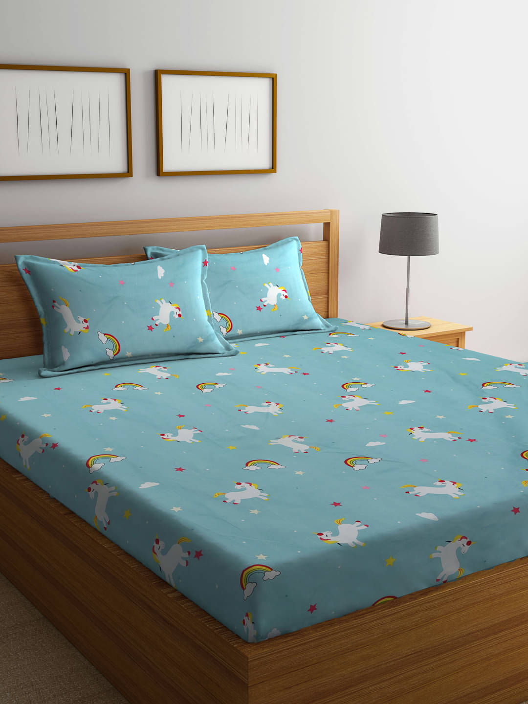     			FABINALIV Poly Cotton Animal 1 Double Bedsheet with 2 Pillow Covers - Blue
