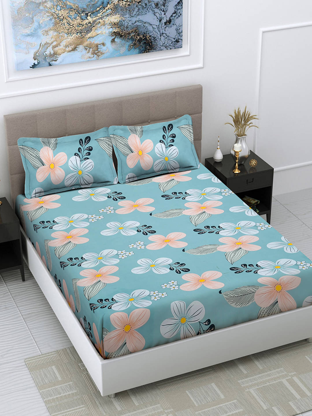 FABINALIV Poly Cotton 1 Double Bedsheet with 2 Pillow Covers ( Turquoise )     			FABINALIV Poly Cotton 1 Double Bedsheet with 2 Pillow Covers ( Turquoise )