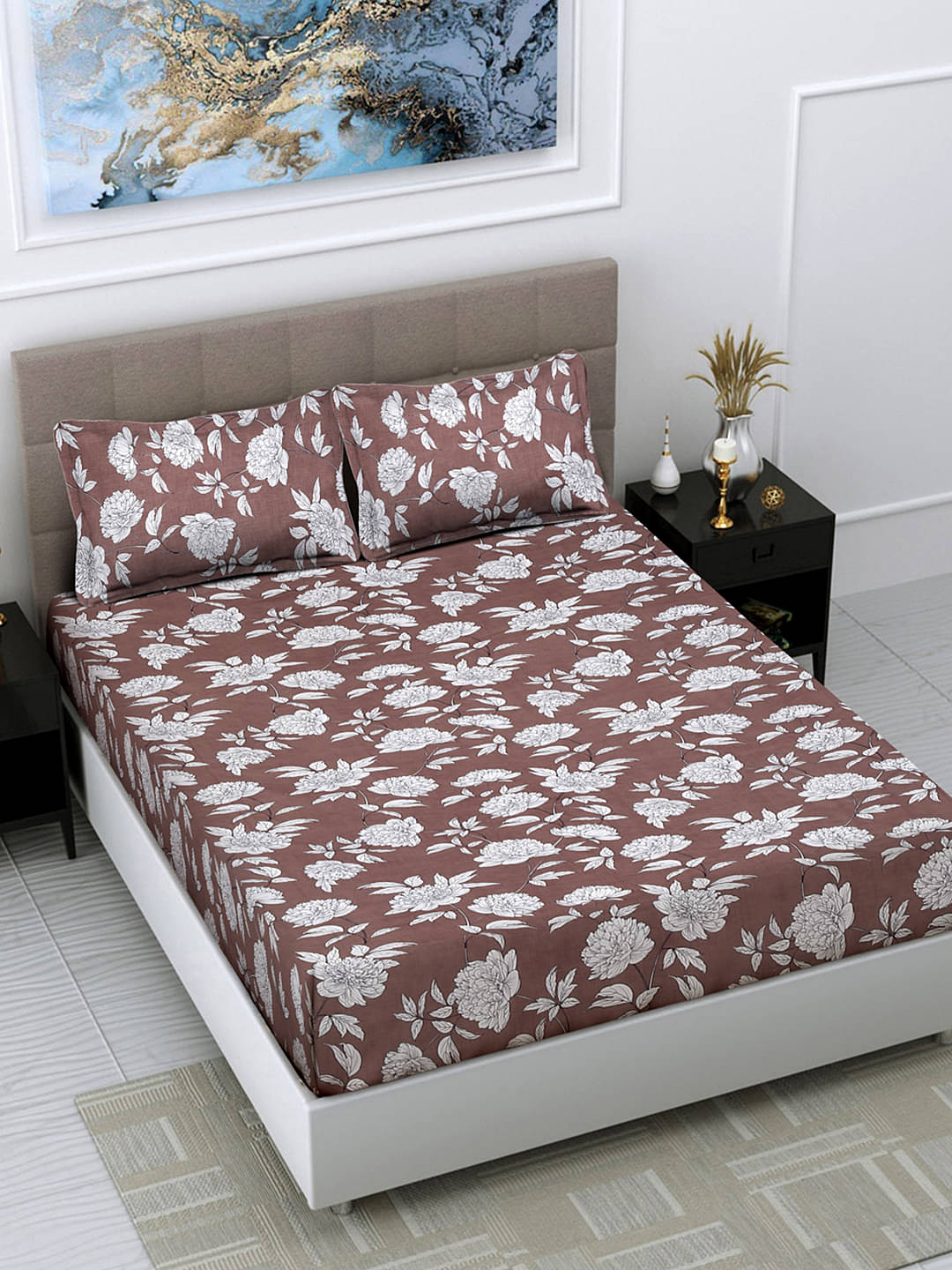     			FABINALIV Poly Cotton 1 Double Bedsheet with 2 Pillow Covers ( Brown )