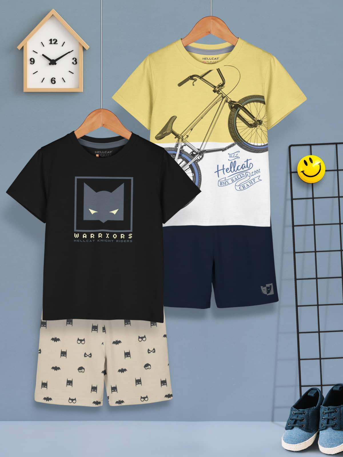 HELLCAT Boys Dress Clothing Set Combo with Tshirts & Shorts - Pack 2 Black_Mustard