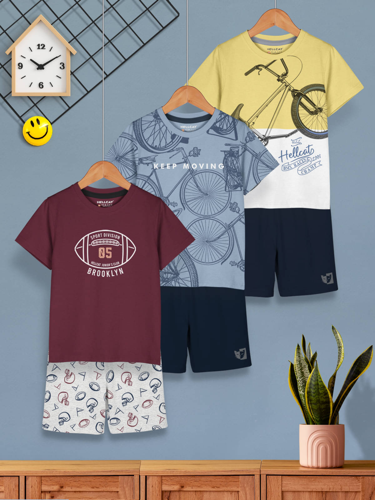     			HELLCAT Pack of 3 Boys Cotton Blend T-Shirt & Shorts Set ( Burgundy )