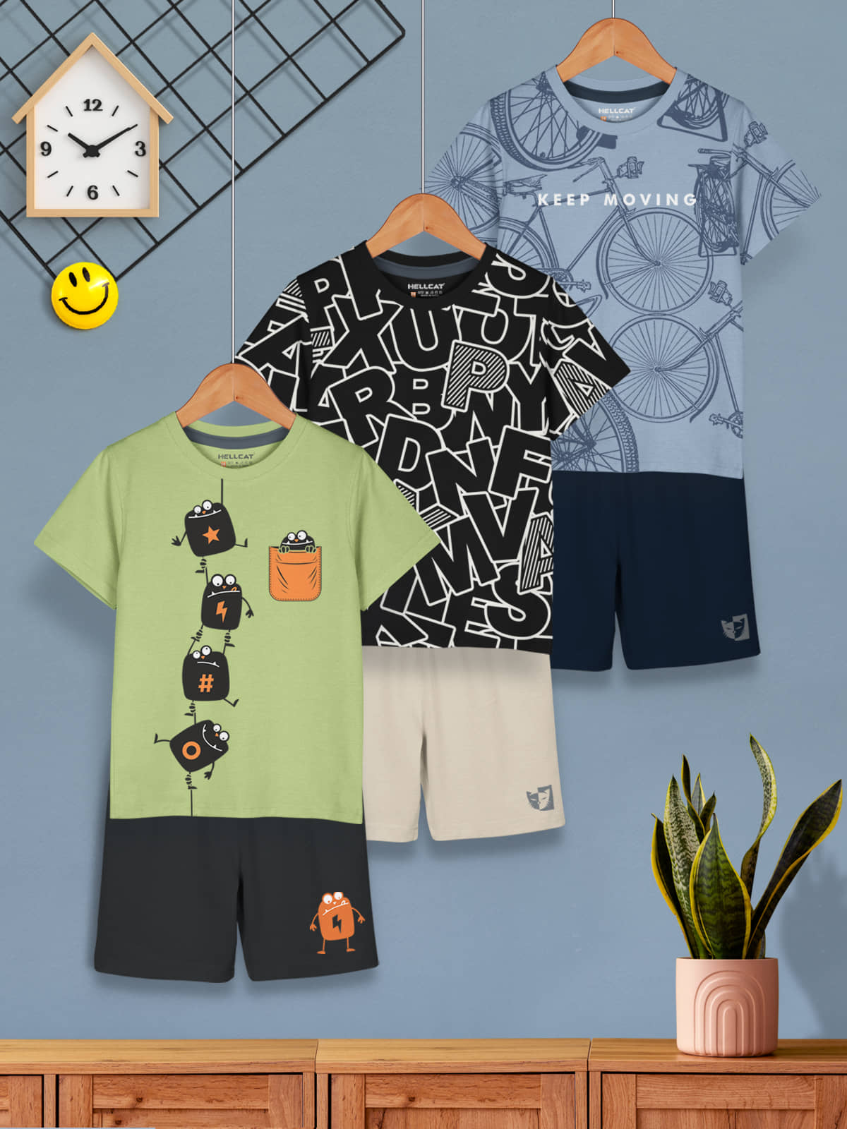 HELLCAT Boys Cotton Blend Dress Printed Clothing Set Combo with Tshirts & Shorts - Pack 3 Green_Black_Bluish Grey