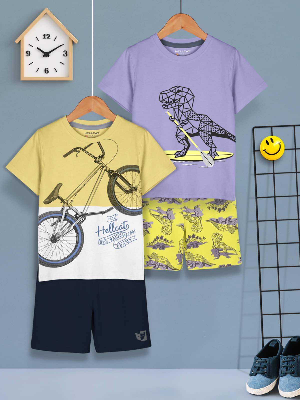 HELLCAT Boys Cotton Blend Printed Dress Clothing Set Combo with Tshirts & Shorts - Pack 2 Black_Bluish Grey