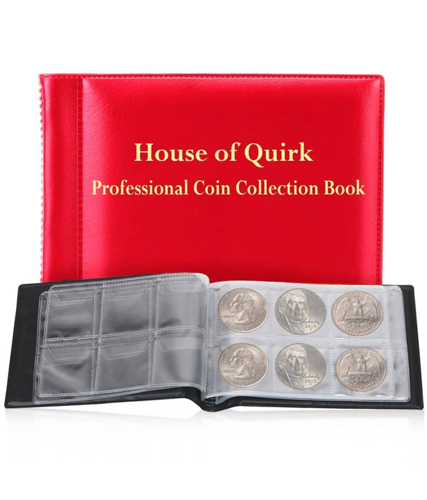 House of Quirk 60 Pockets Coin Holder Collection Coin Storage Album Book for Collectors, Money Penny Pocket (Mini Red)