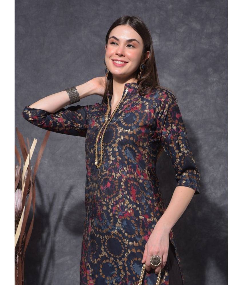 Mamoose Chanderi Self Design Straight Women's Kurti - Navy ( Pack of 1 ) Mamoose Chanderi Self Design Straight Women's Kurti - Navy ( Pack of 1 )