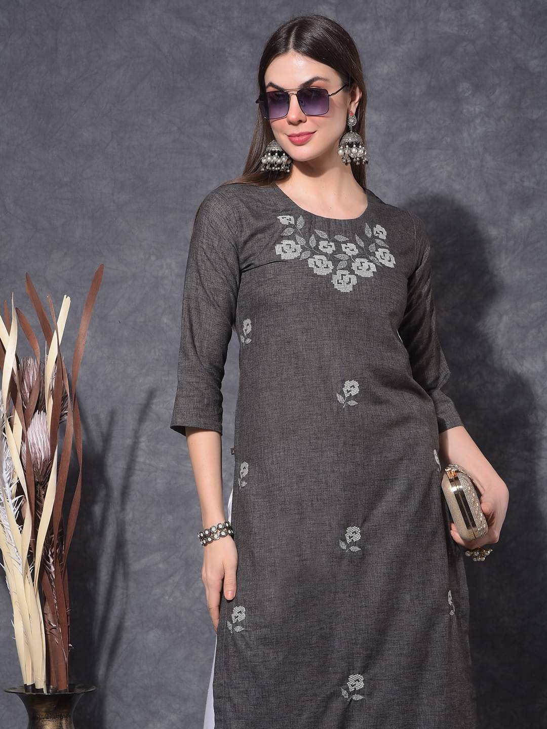 Mamoose Cotton Embroidered Straight Women's Kurti - Grey ( Pack of 1 ) Mamoose Cotton Embroidered Straight Women's Kurti - Grey ( Pack of 1 )
