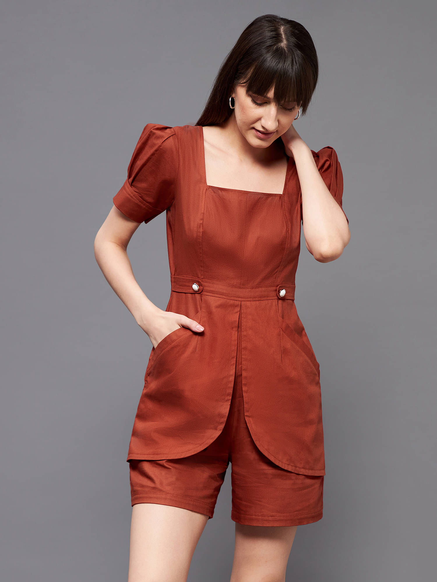 Miss Chase Rust Cotton Regular Fit Women's Jumpsuit ( Pack of 1 ) Miss Chase Rust Cotton Regular Fit Women's Jumpsuit ( Pack of 1 )
