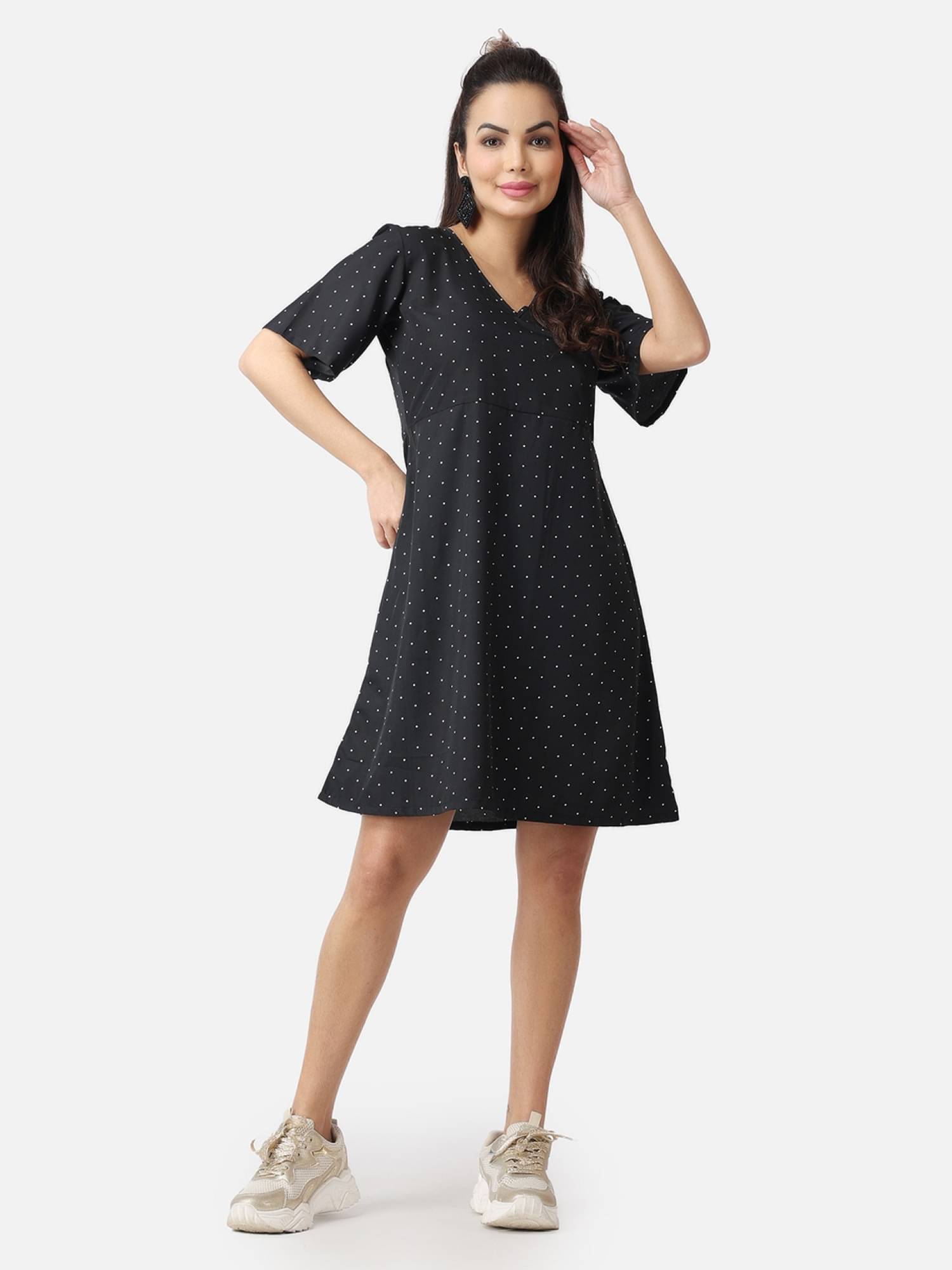 POPWINGS Women Polyester Printed Fit & Flare Dress ( Black ) POPWINGS Women Polyester Printed Fit & Flare Dress ( Black )