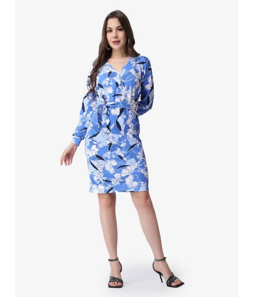     			POPWINGS Women Polyester Printed Bodycon Dress ( Blue )