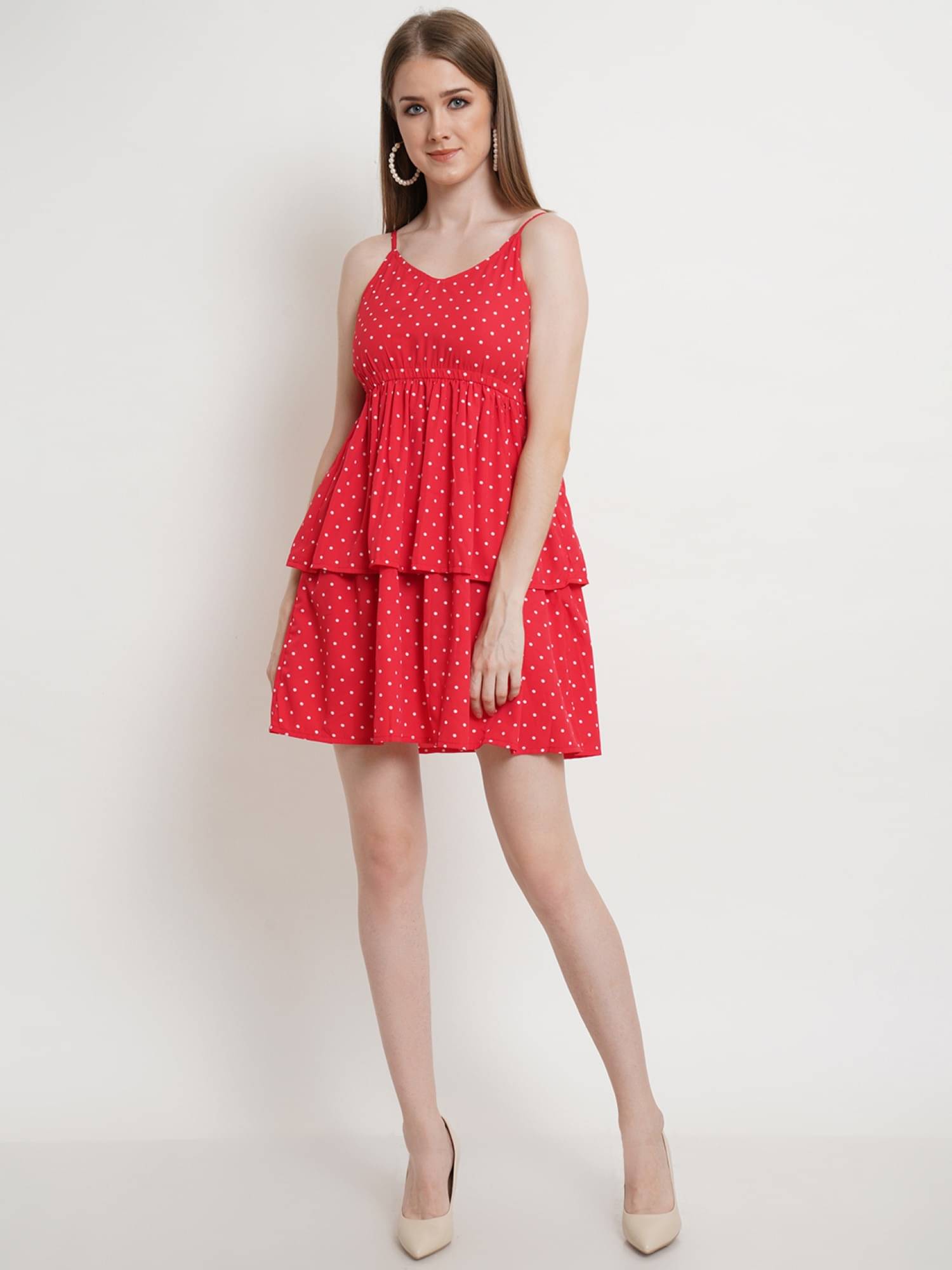     			POPWINGS Women Polyester Printed Fit & Flare Dress ( Red )