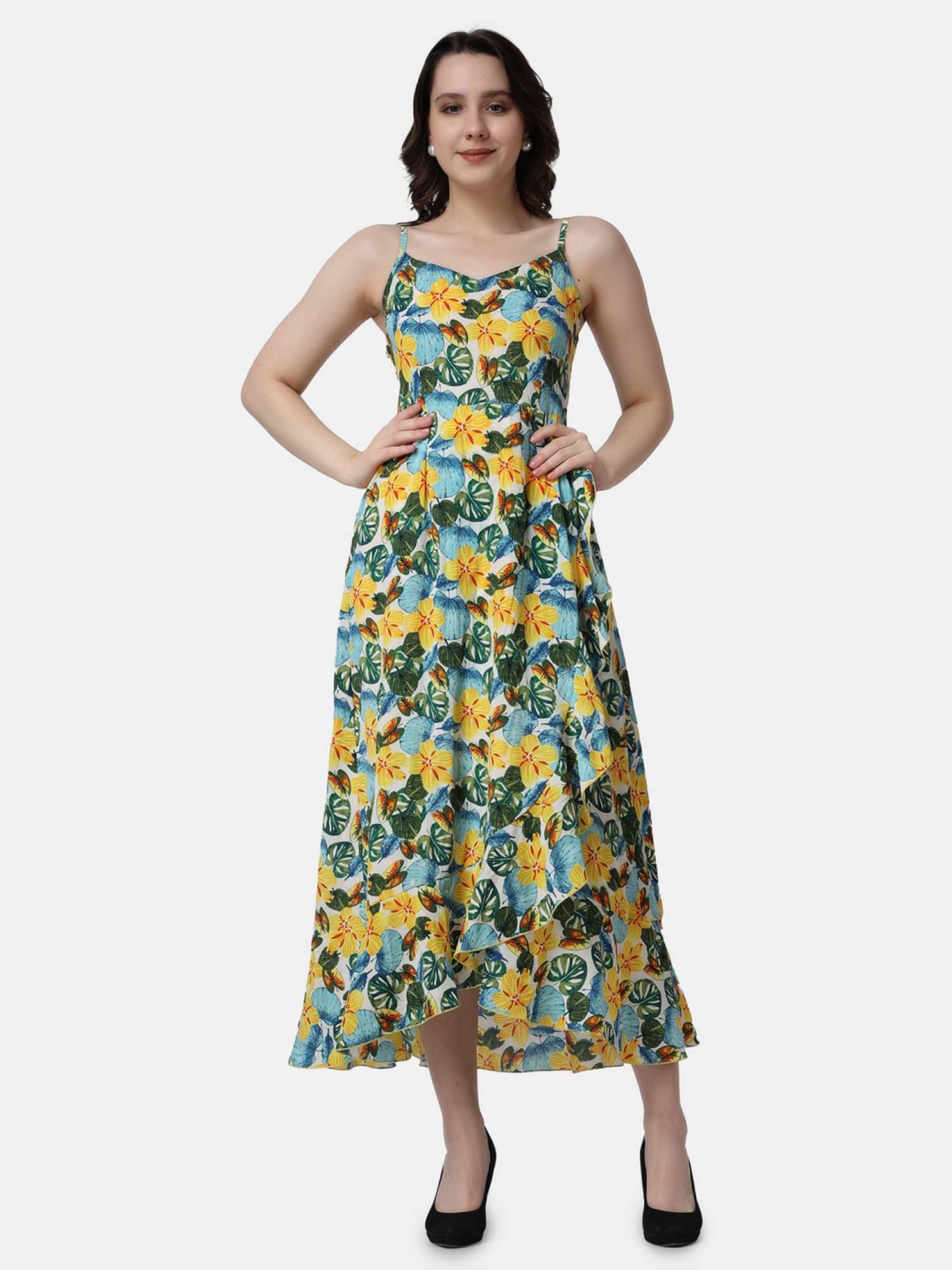     			POPWINGS Women Polyester Printed Fit & Flare Dress ( Multicolor )