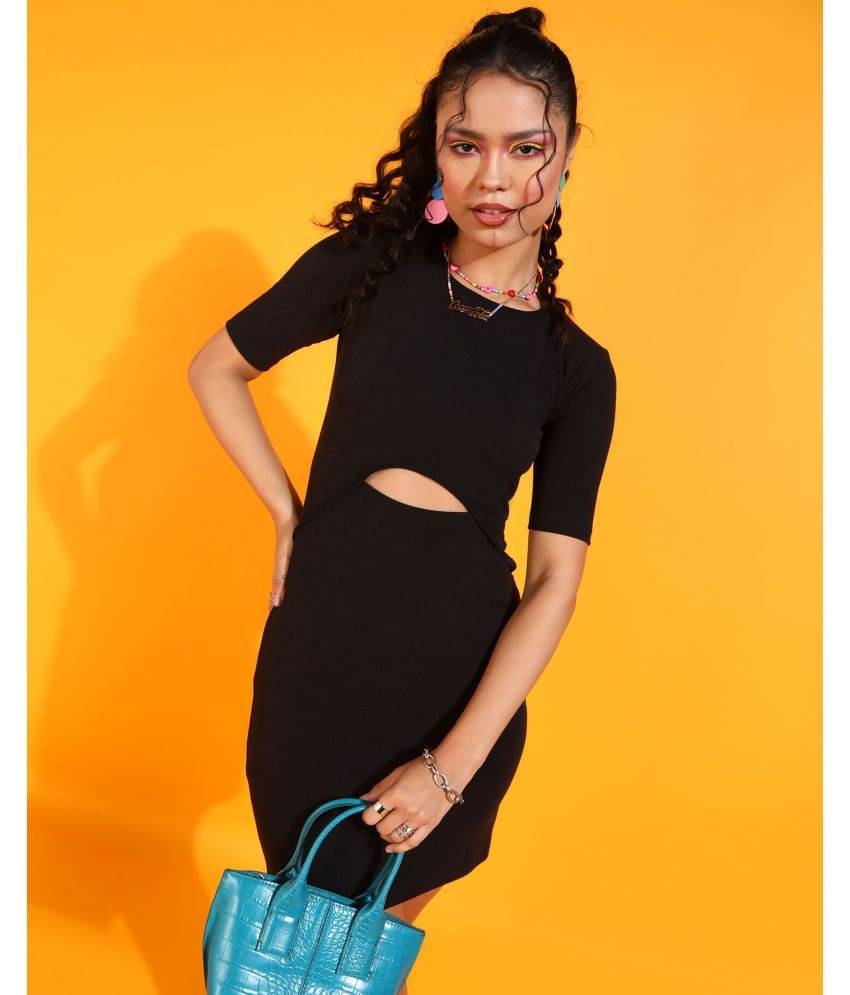 POPWINGS Women Polyester Solid Bodycon Dress ( Black )     			POPWINGS Women Polyester Solid Bodycon Dress ( Black )