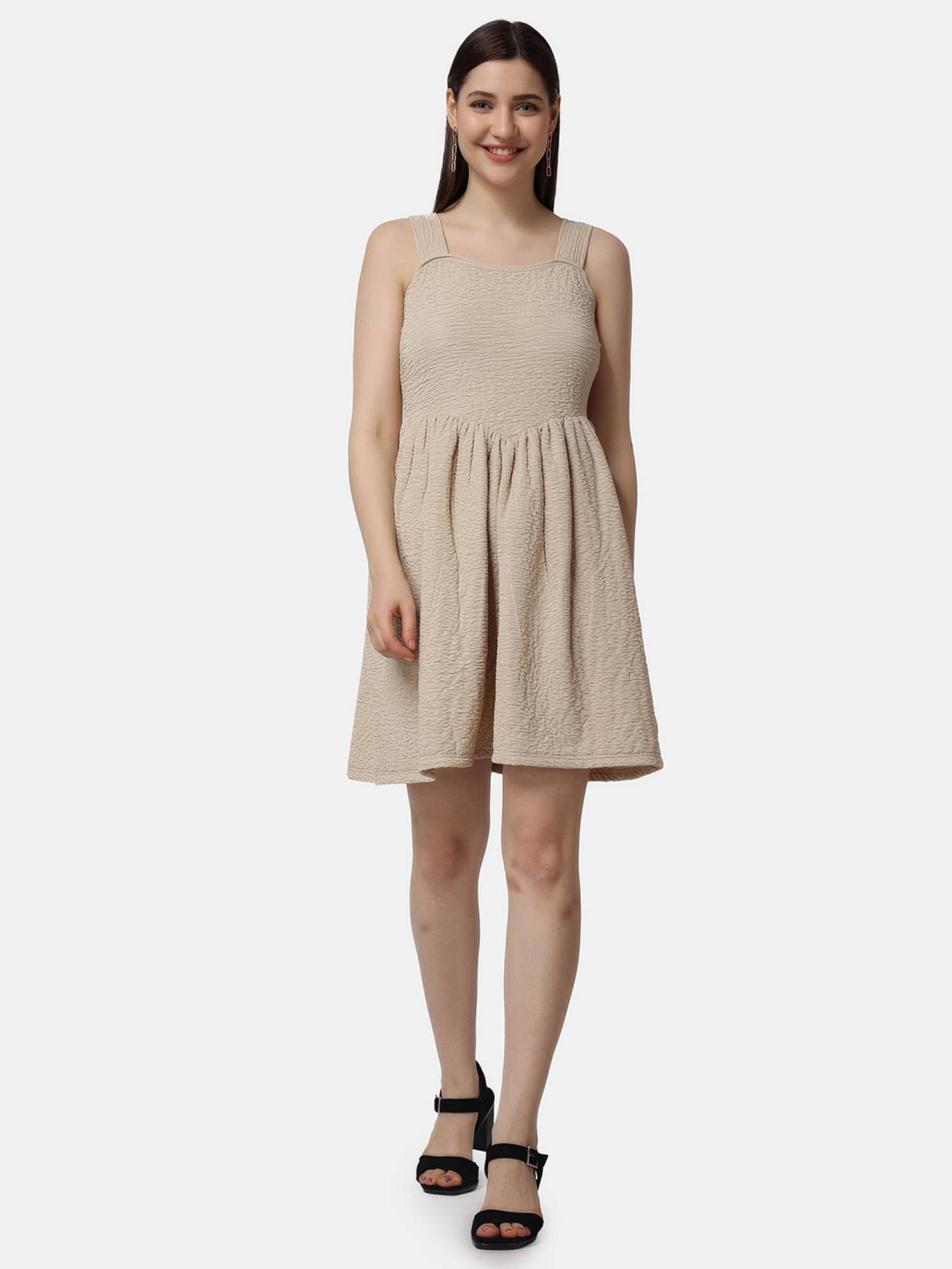     			POPWINGS Women Polyester Solid Fit & Flare Dress ( Beige )