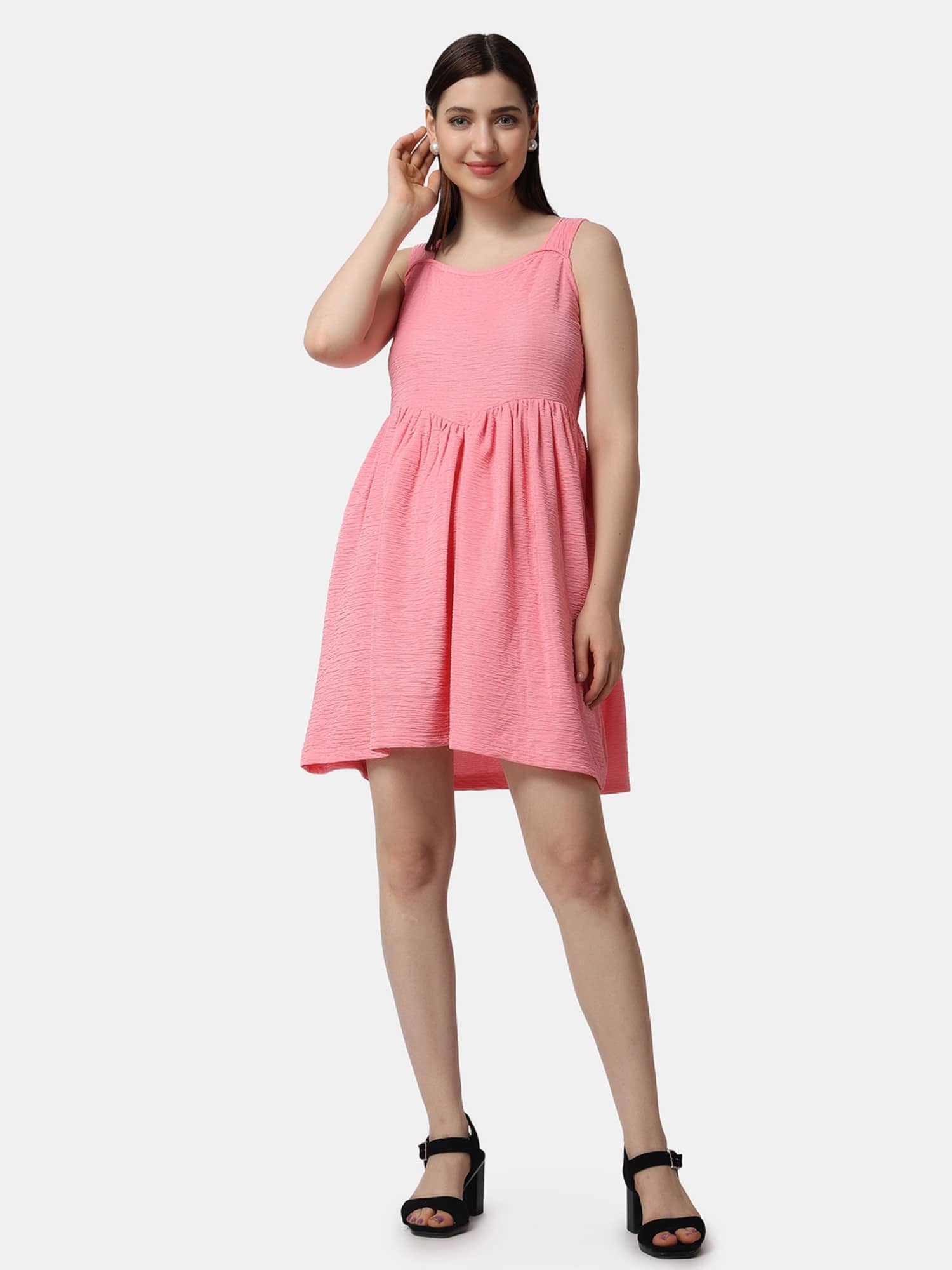 POPWINGS Women Polyester Solid Fit & Flare Dress ( Pink )