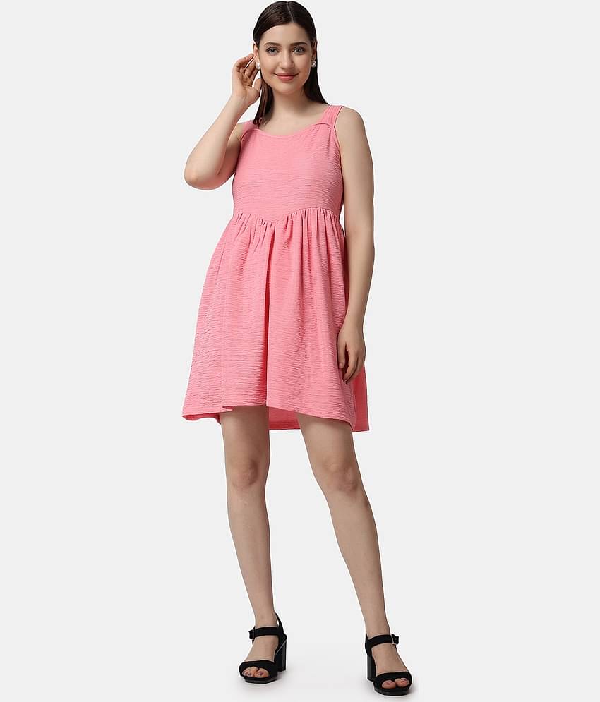 POPWINGS Women Polyester Solid Fit & Flare Dress ( Pink )