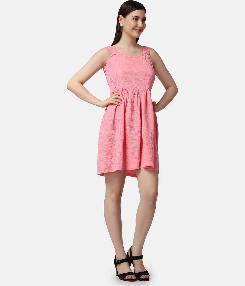 POPWINGS Women Polyester Solid Fit & Flare Dress ( Pink )