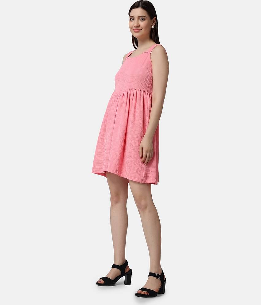 POPWINGS Women Polyester Solid Fit & Flare Dress ( Pink )