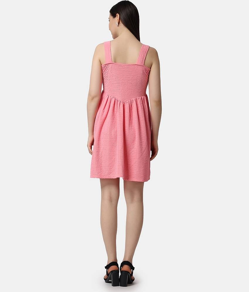 POPWINGS Women Polyester Solid Fit & Flare Dress ( Pink )