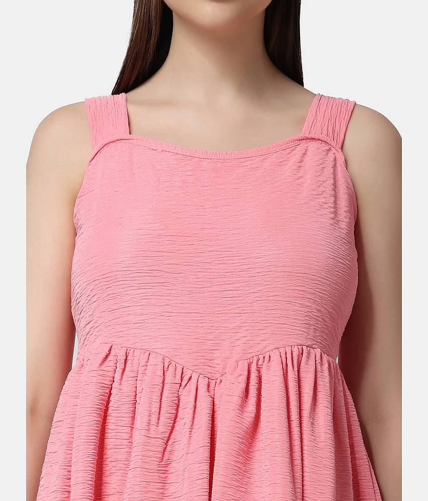 POPWINGS Women Polyester Solid Fit & Flare Dress ( Pink )