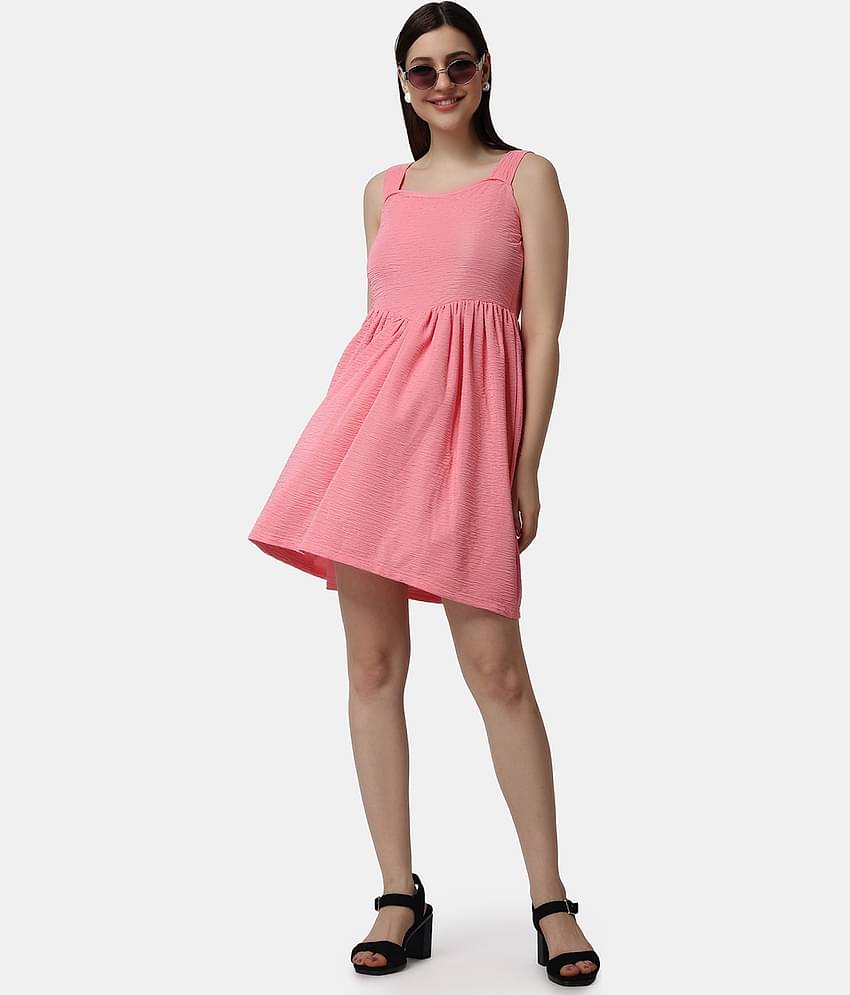 POPWINGS Women Polyester Solid Fit & Flare Dress ( Pink )