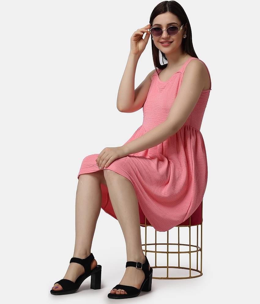 POPWINGS Women Polyester Solid Fit & Flare Dress ( Pink )
