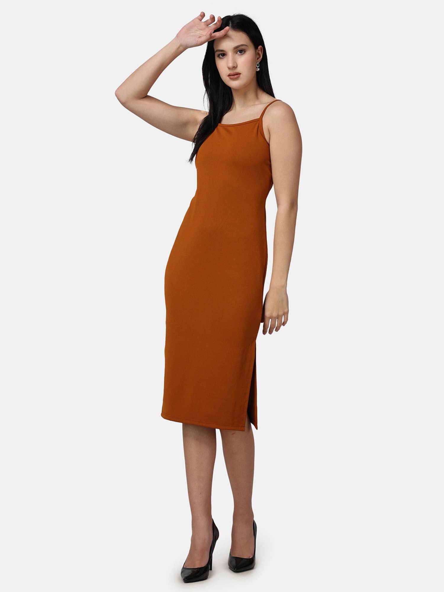     			POPWINGS Women Polyester Solid Bodycon Dress ( Rust )