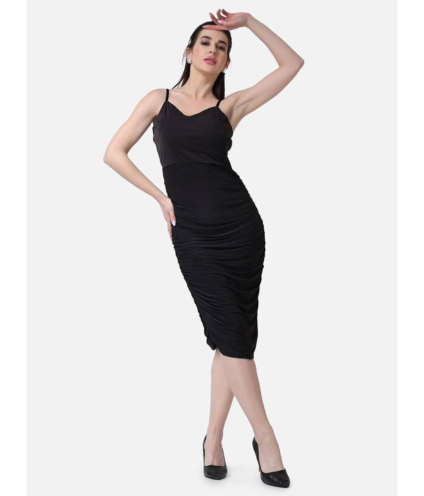 POPWINGS Women Polyester Solid Bodycon Dress ( Black )