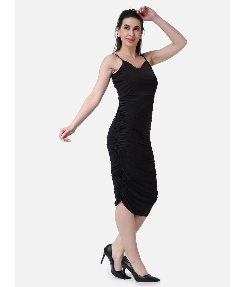 POPWINGS Women Polyester Solid Bodycon Dress ( Black )