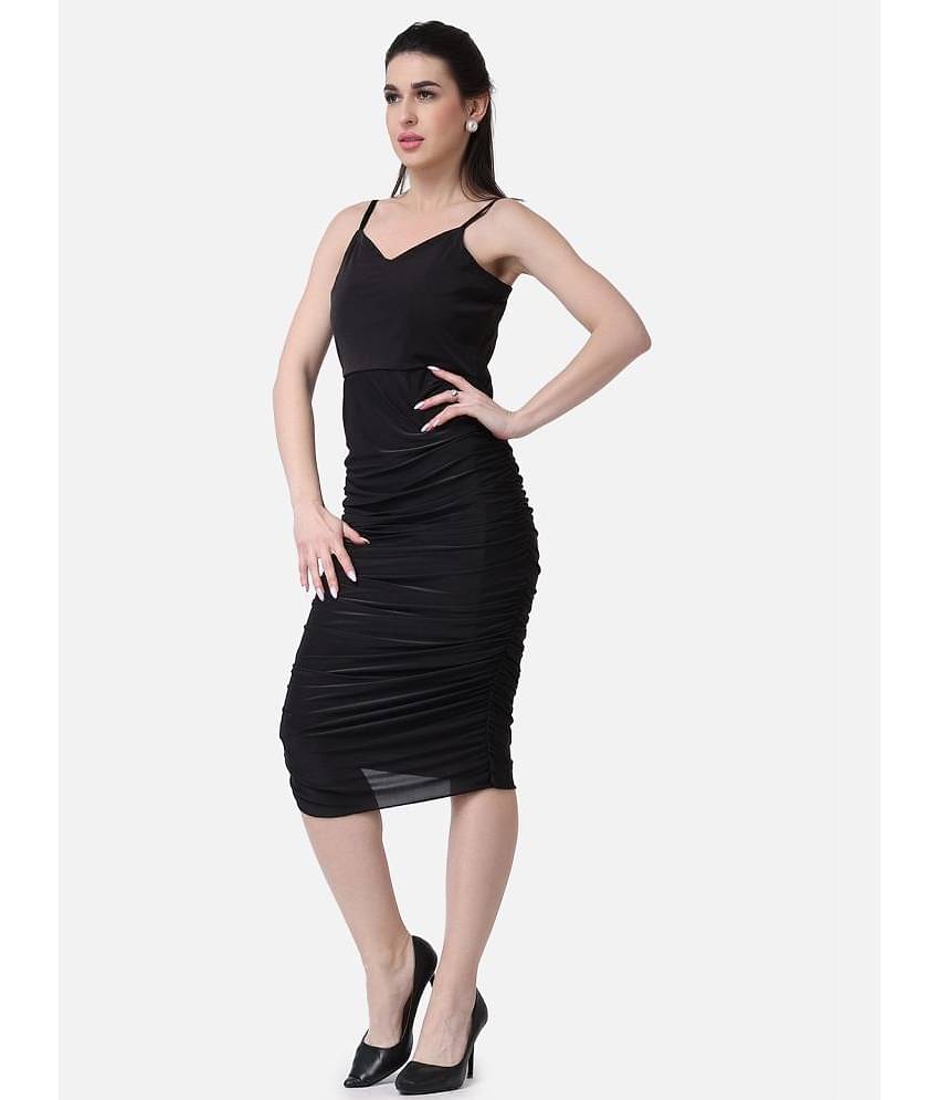 POPWINGS Women Polyester Solid Bodycon Dress ( Black )