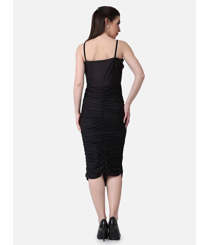 POPWINGS Women Polyester Solid Bodycon Dress ( Black )