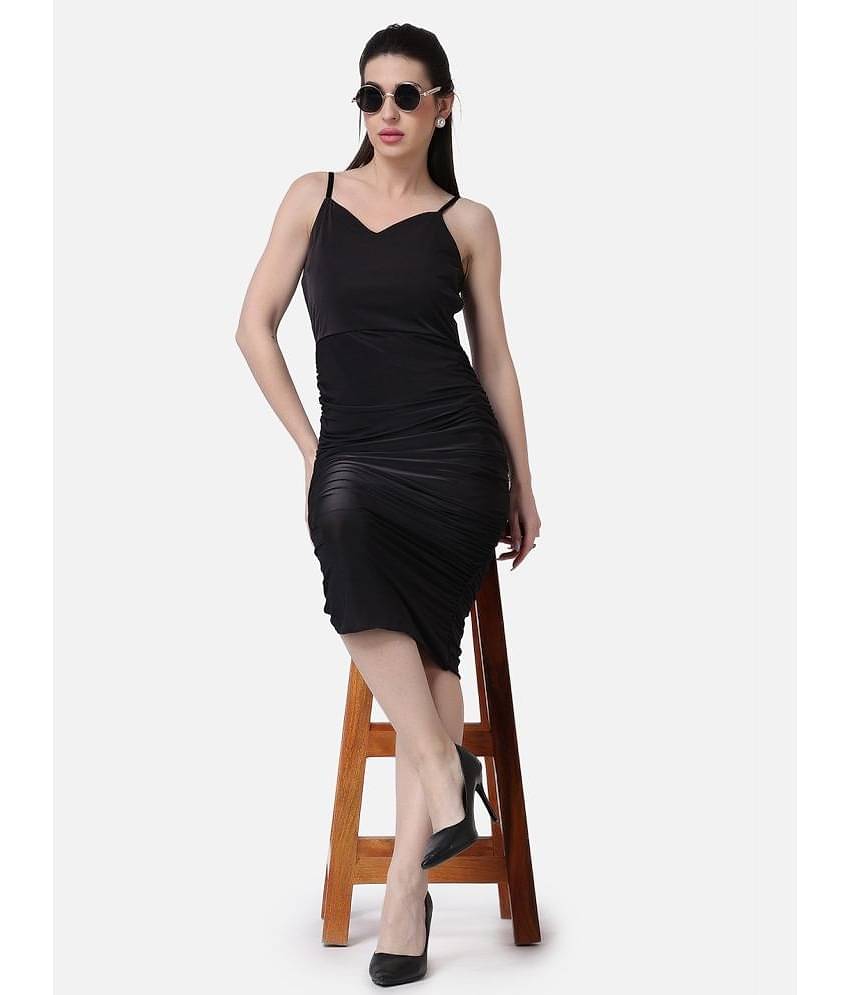 POPWINGS Women Polyester Solid Bodycon Dress ( Black )
