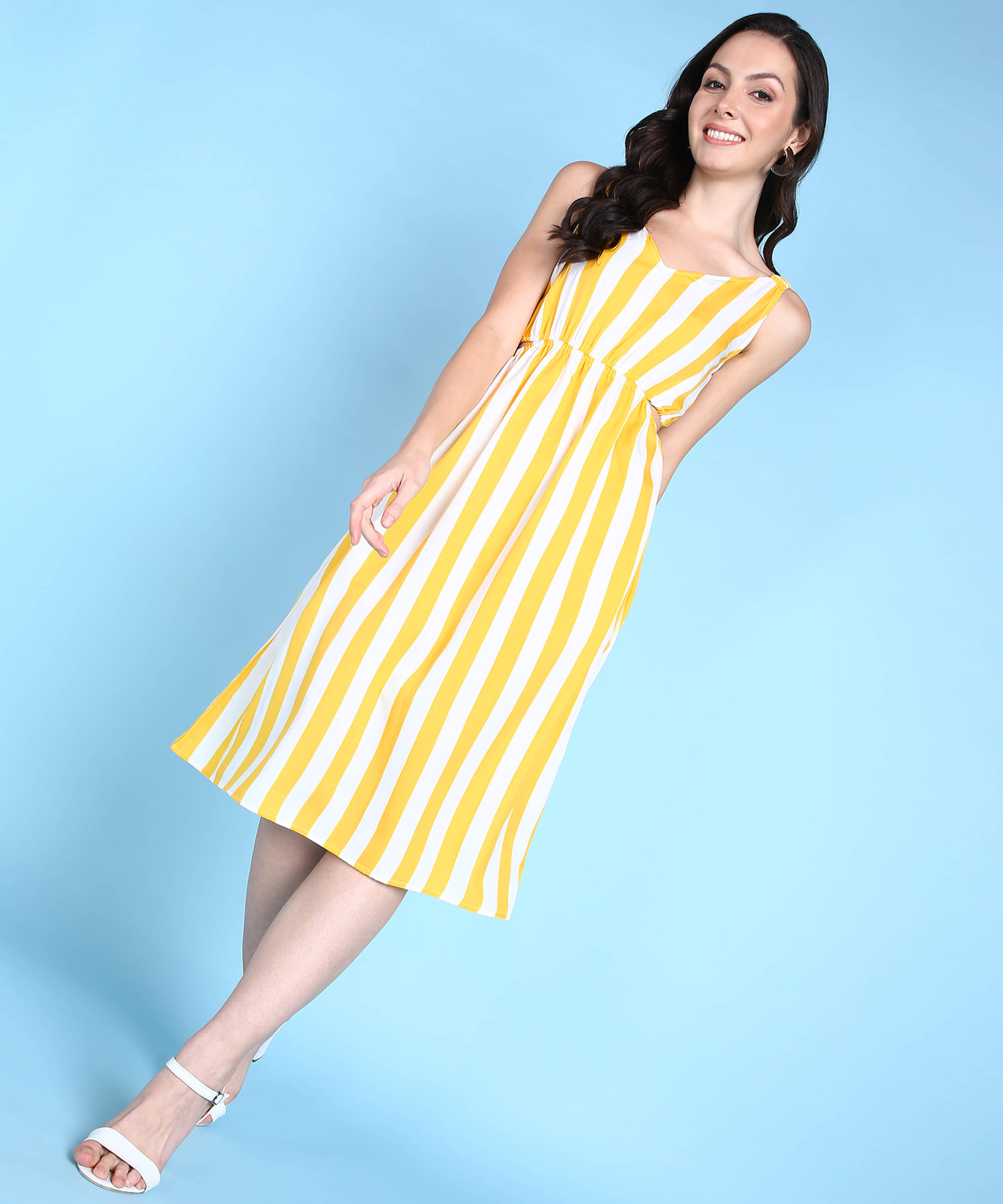     			POPWINGS Polyester Striped Midi Women's A-line Dress - Yellow ( Pack of 1 )