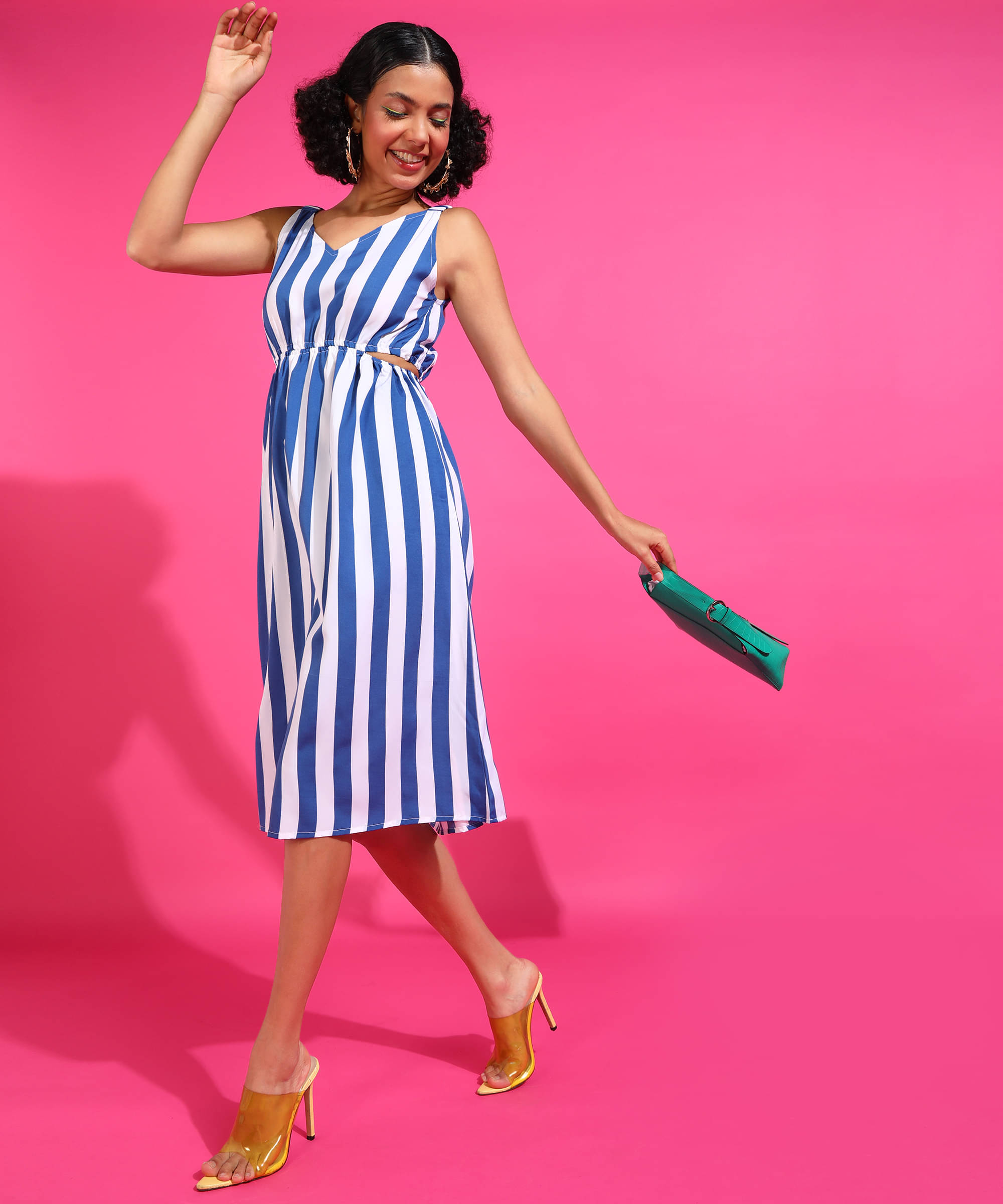 POPWINGS Polyester Striped Midi Women's A-line Dress - Blue ( Pack of 1 ) POPWINGS Polyester Striped Midi Women's A-line Dress - Blue ( Pack of 1 )